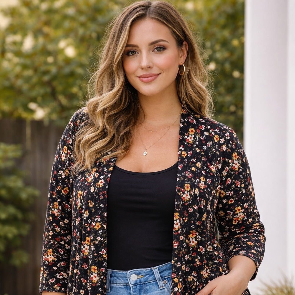 Doublju Black Floral Open-Front Cardigan